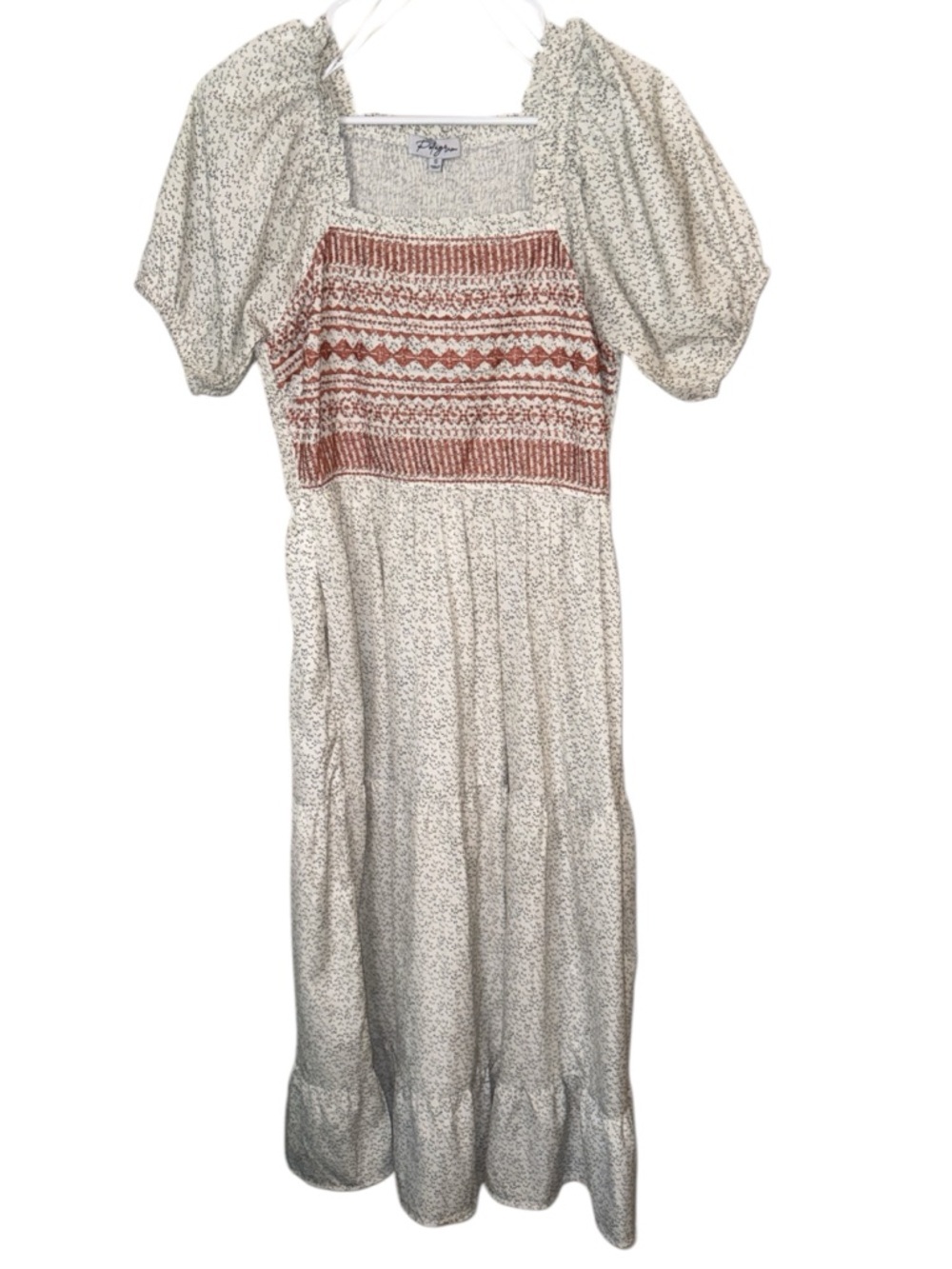 🌺Polagram Embroidery White Maxi Dress with Rust Smocked Bodice Puff Sleeves
